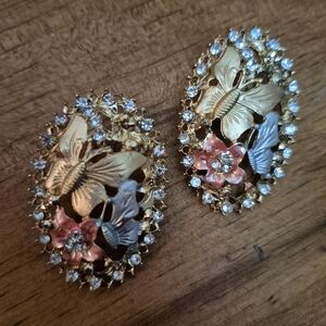 Butterfly Earrings Gold Pink Pierced Ears Ladies Large